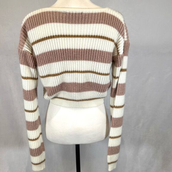 Cream blush pink and mocha color block striped cropped sweater size 4 - Picture 3 of 5
